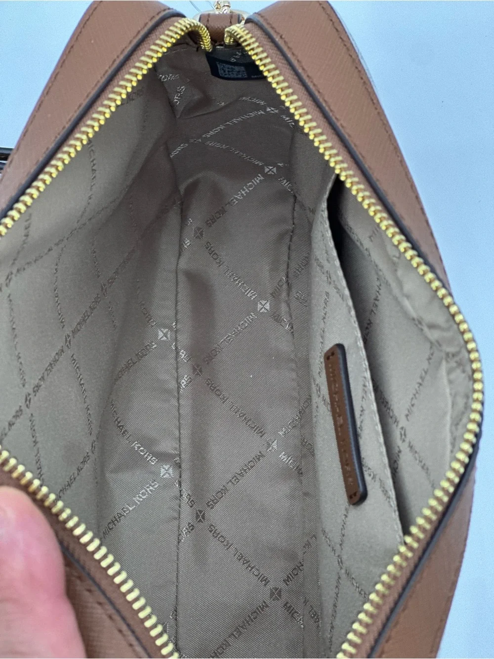 Michael Kors Signature MK Monogram Crossbody in Brown/Canvas with Gold Hardware